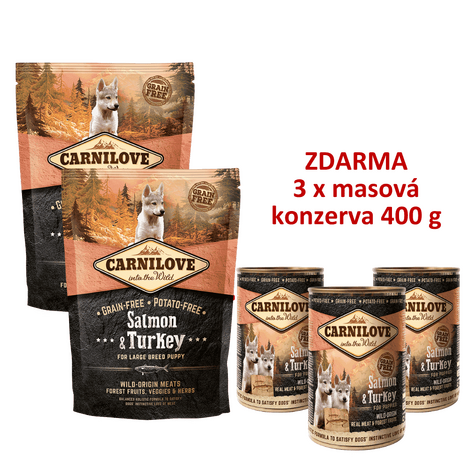 2 x Carnilove Salmon & Turkey for large breed puppy 1,5 kg + 3 x masová konzerva - 1