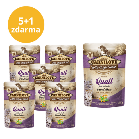 5+1 ZDARMA Carnilove Cat Pouch Rich in Quail Enriched with Dandelion for sterilized 85g - 1