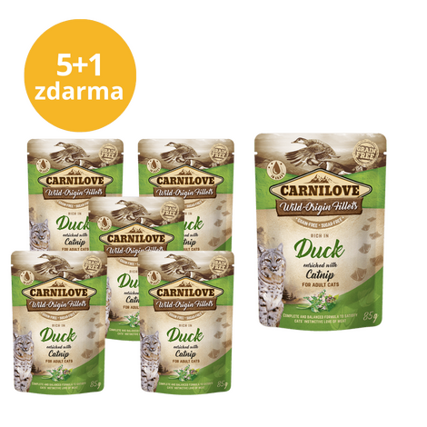 5+1 ZDARMA Carnilove Cat Pouch Rich in Duck Enriched with Catnip 85g - 1